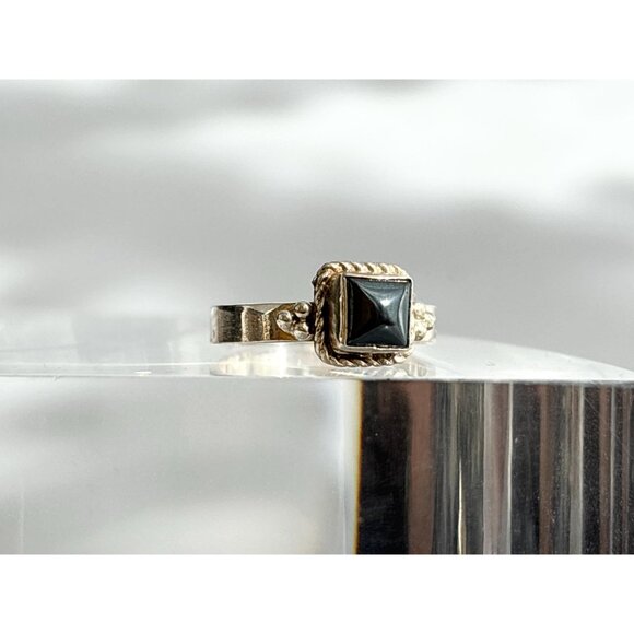 Black Onyx Square Bezel Set Rope Framed 925 Sterling Silver Vintage Ring - sz 6 - Picture 2 of 11
